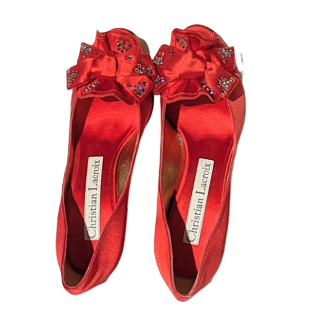 Vintage Christian Lacroix Red Satin Bow Rhinestone Peep Toe Pumps Y2K Designer - Picture 2 of 7